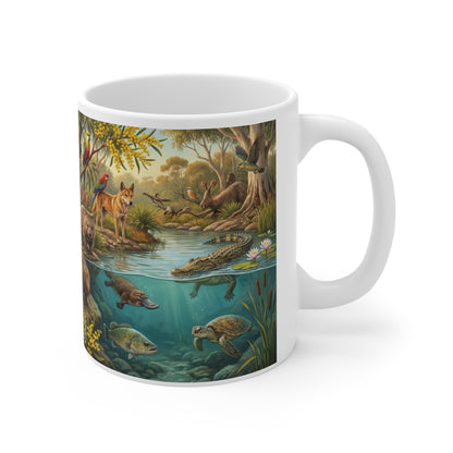 Australian Wildlife Ceramic Coffee Mug — Kangaroo, Koala & Native Flora 11oz