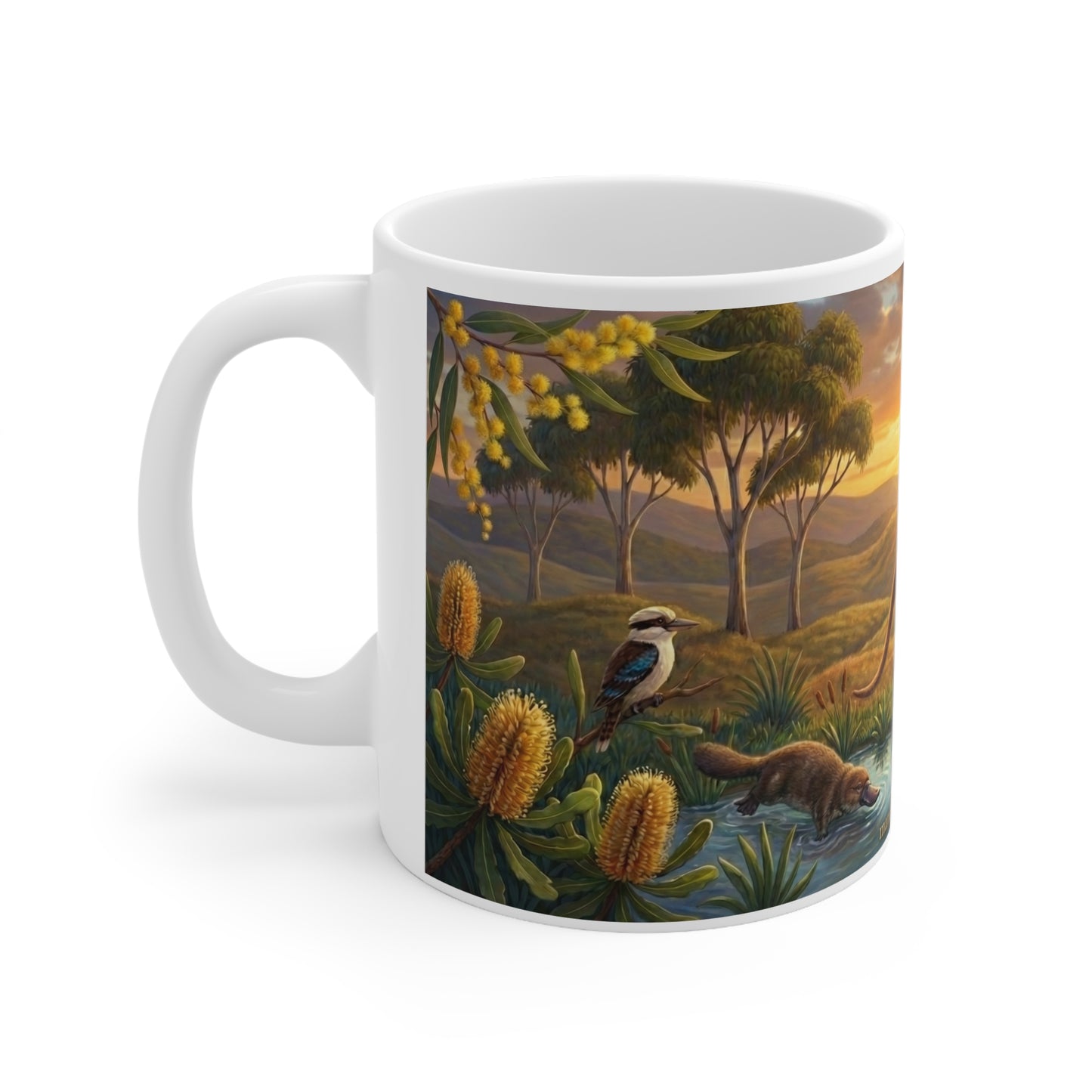 Australian Wildlife Sunset Coffee Mug | Kangaroo, Kookaburra, Wombat Scenic Art