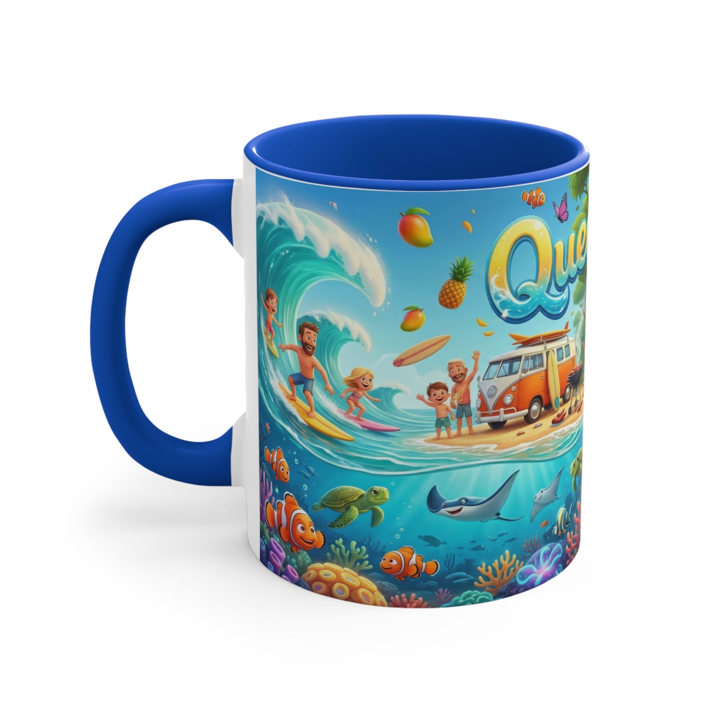 Queensland beach scene Coffee Mug , Colorful coastal wildlife surf van design
