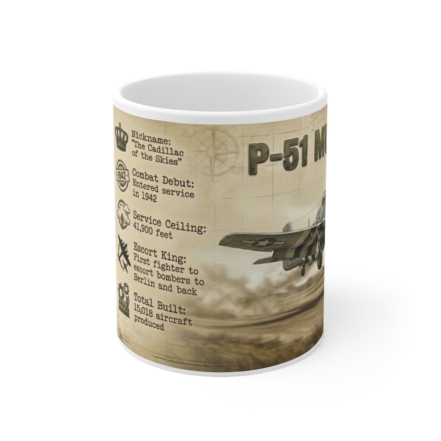P-51 Mustang Specs Ceramic Coffee Mug, WW2 Fighter Plane Coffee Cup