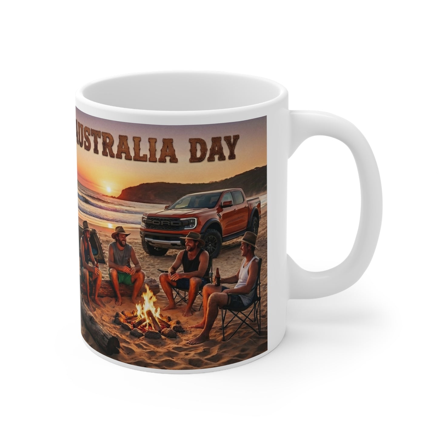 Australian Beach Scene Coffee Mug — Vintage Flag & Sunset Tea Cup