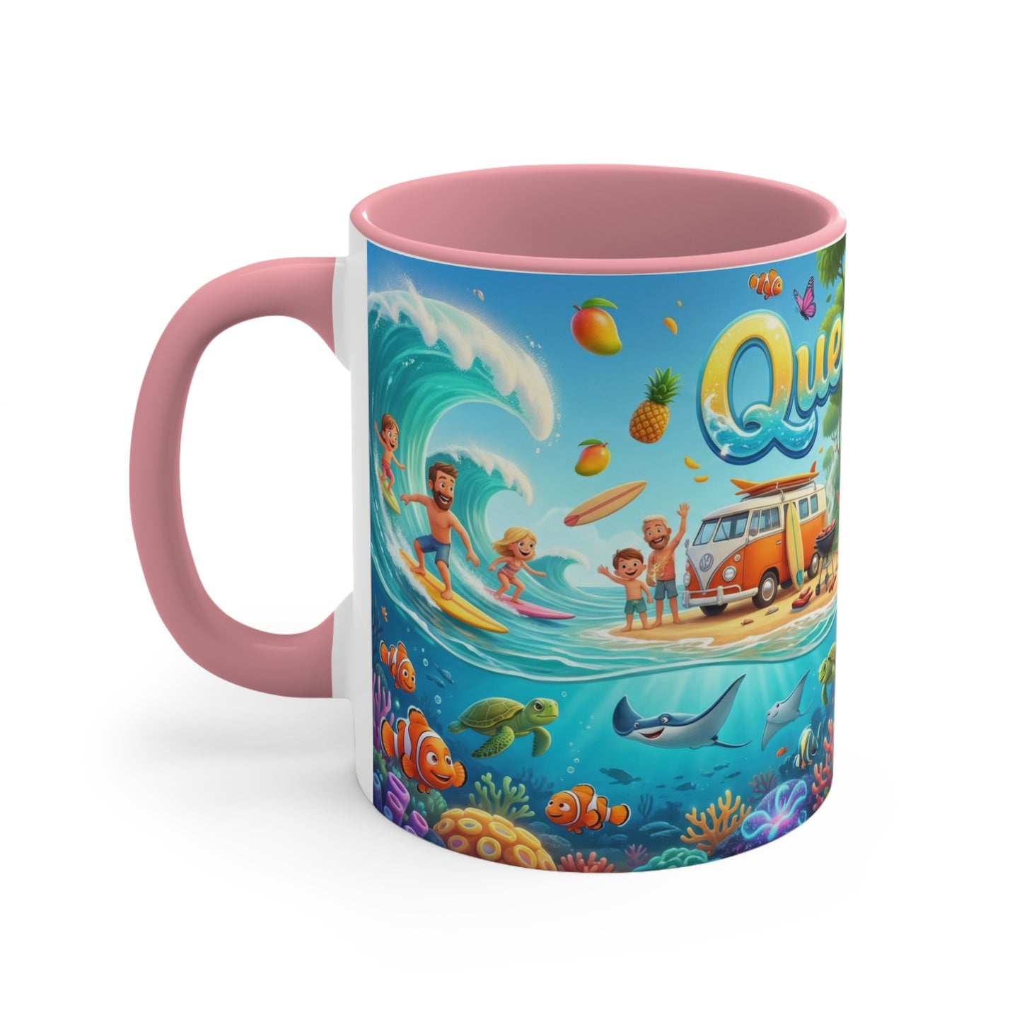 Queensland beach scene Coffee Mug , Colorful coastal wildlife surf van design