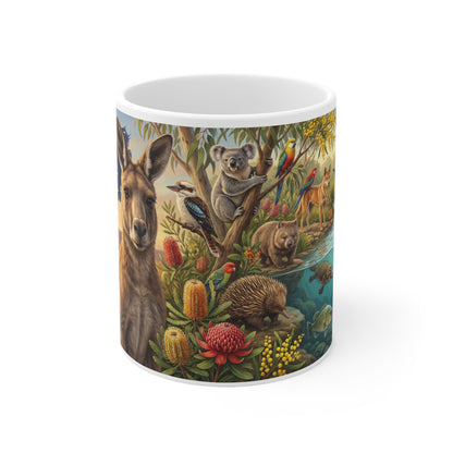 Australian Wildlife Ceramic Coffee Mug — Kangaroo, Koala & Native Flora 11oz