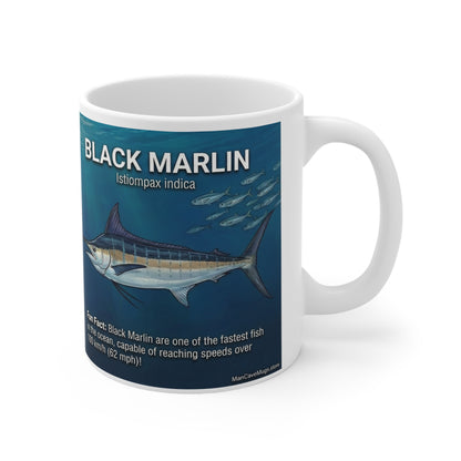 Black Marlin Fishing Mug — Ceramic 11oz Coffee Cup with Species Facts & Techniques