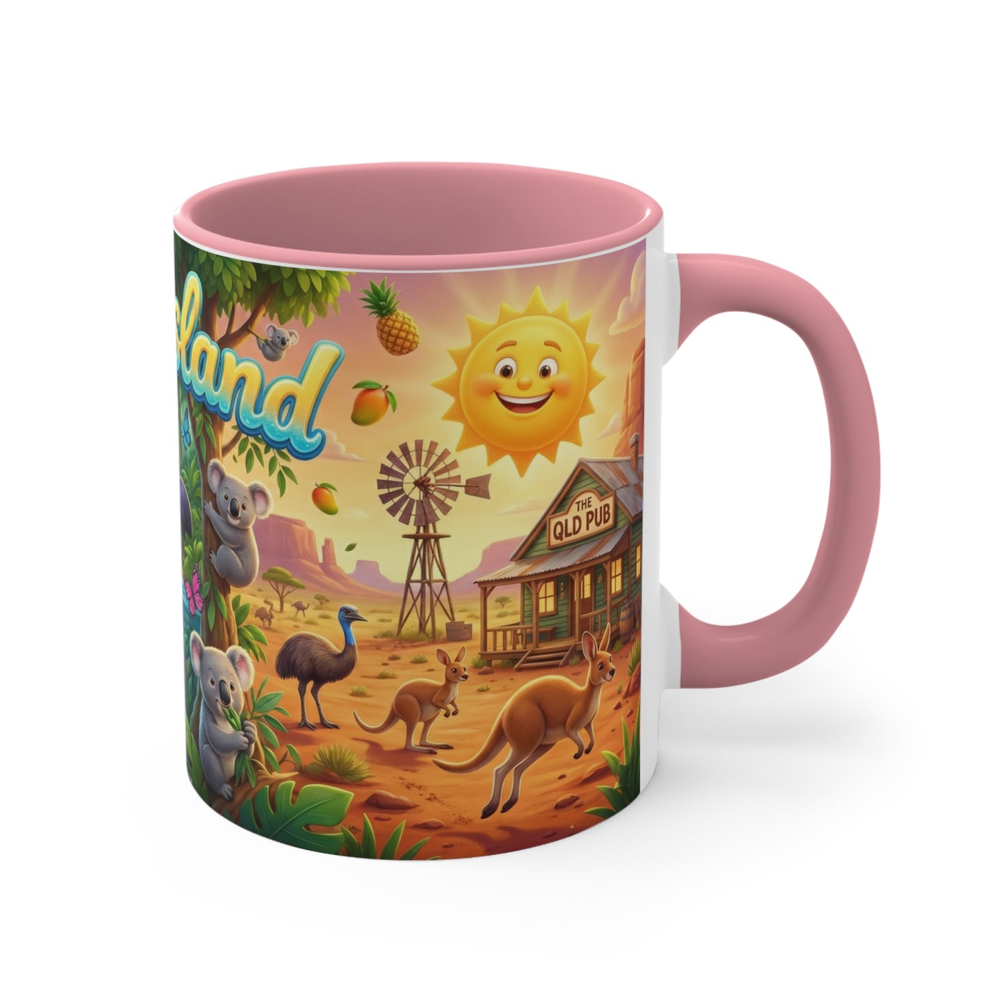 Queensland beach scene Coffee Mug , Colorful coastal wildlife surf van design