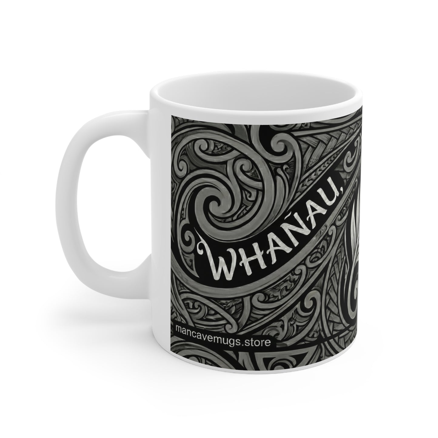Whanau Maori Pattern Ceramic Coffee Mug — 11oz Tribal Koru Design