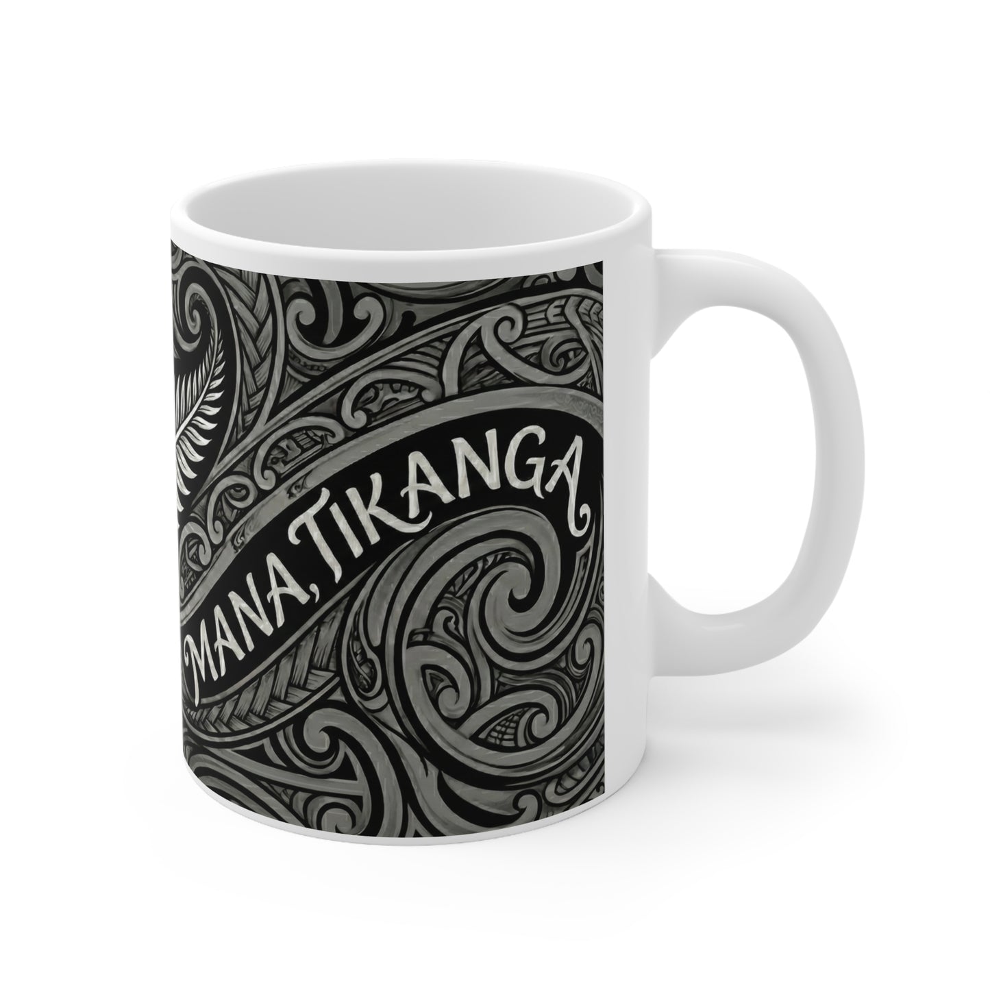 Whanau Maori Pattern Ceramic Coffee Mug — 11oz Tribal Koru Design