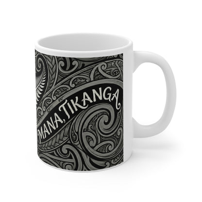 Whanau Maori Pattern Ceramic Coffee Mug — 11oz Tribal Koru Design