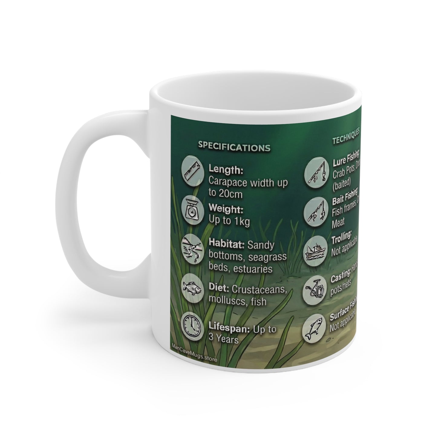 Blue Swimmer Crab Ceramic Mug — Marine Life Facts & Fishing Techniques, 11oz