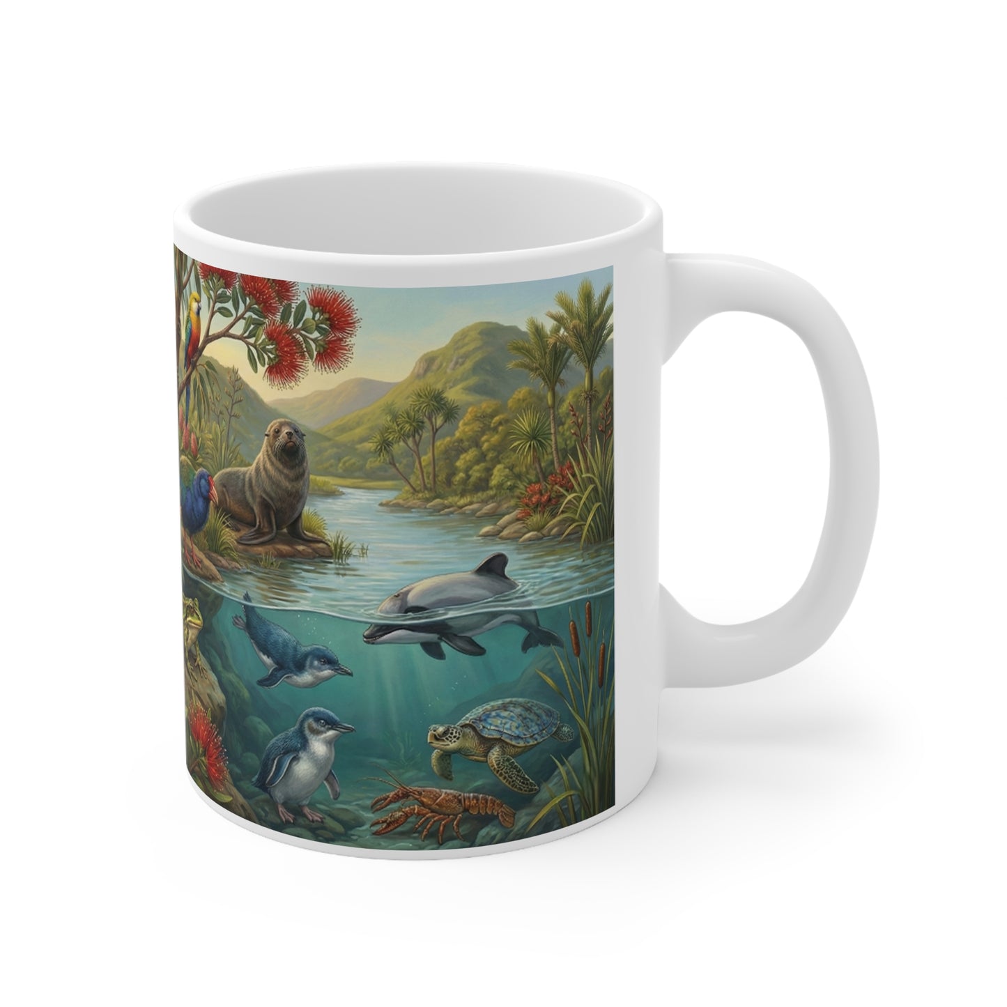 New Zealand Wildlife Ceramic Coffee Mug — Kiwi, Flag & Native Animals Scene (11oz)White Ceramic 11oz Mug