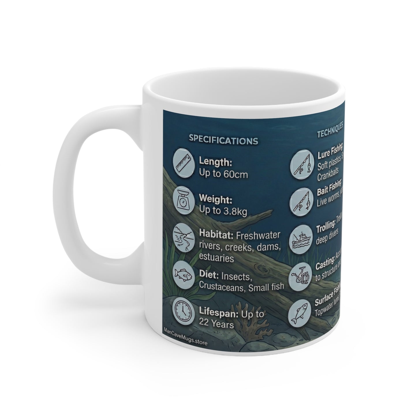 Bass Fishing Ceramic Mug — Illustrated Species Guide & Techniques (11oz)